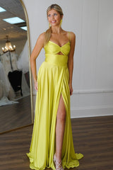 Green Prom Dress A Line Spaghetti Straps Evening Dress with Slit