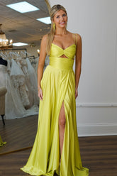 Green Prom Dress A Line Spaghetti Straps Evening Dress with Slit