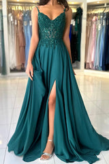 Green Prom Dress A Line Spaghetti Straps Lace Formal Dress With Slit