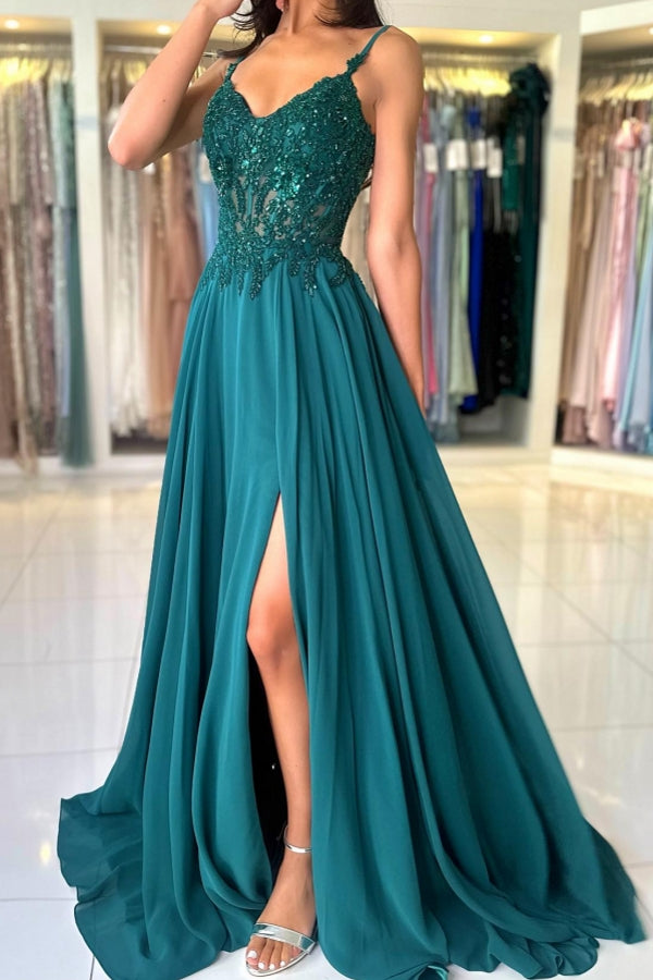 Green Prom Dress A Line Spaghetti Straps Lace Formal Dress With Slit