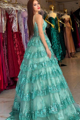 Green Prom Dress A Line Spaghetti Straps Sequined Lace Formal Dress