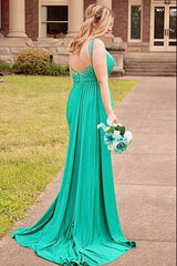 Green Prom Dress Beaded Side Cape Mermaid Long Formal Dress With Slit
