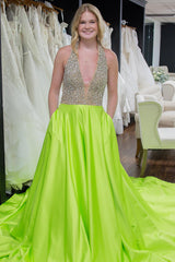 Green Prom Dress Halter Neck A Line Formal Dress With Pockets