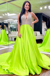Green Prom Dress Halter Neck A Line Formal Dress With Pockets