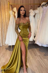 Green Prom Dress Long Sleeve Off the Shoulder Mermaid Sequined Formal Dress