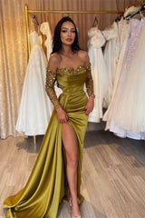 Green Prom Dress Long Sleeve Off the Shoulder Mermaid Sequined Formal Dress