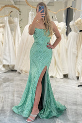 Green Prom Dress Mermaid Long Evening Dress With Slit