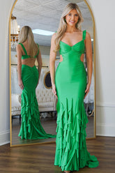Green Prom Dress Mermaid Ruffled Satin Long Formal Dress With Beadings