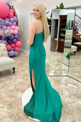 Green Prom Dress Mermaid Satin Long Formal Dress With Slit