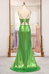 Green Prom Dress Mermaid Spaghetti Straps Long Evening Dress With Slit