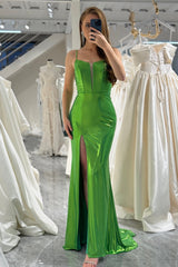 Green Prom Dress Mermaid Spaghetti Straps Long Evening Dress With Slit