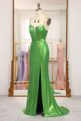 Green Prom Dress Mermaid Spaghetti Straps Long Evening Dress With Slit