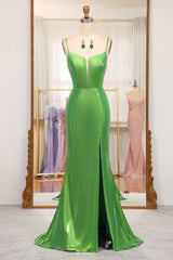 Green Prom Dress Mermaid Spaghetti Straps Long Evening Dress With Slit