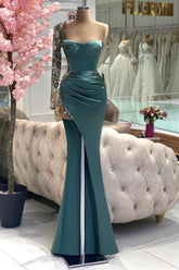 Green Prom Dress Mermaid Strapless One Shoulder Sleeve Beaded Satin Slit Formal Dress With Rhinestone