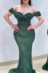 Green Prom Dress Mermaid Sweetheart Beaded Off The Shoulder Sleeveless Formal Dress With Pearls