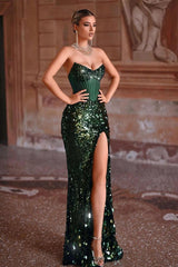 Green Prom Dress Mermaid Sweetheart Sleeveless Sequined Formal Dress