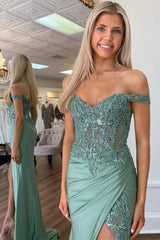 Green Prom Dress Off The Shoulder Mermaid Corset Long Evening Dress with Slit