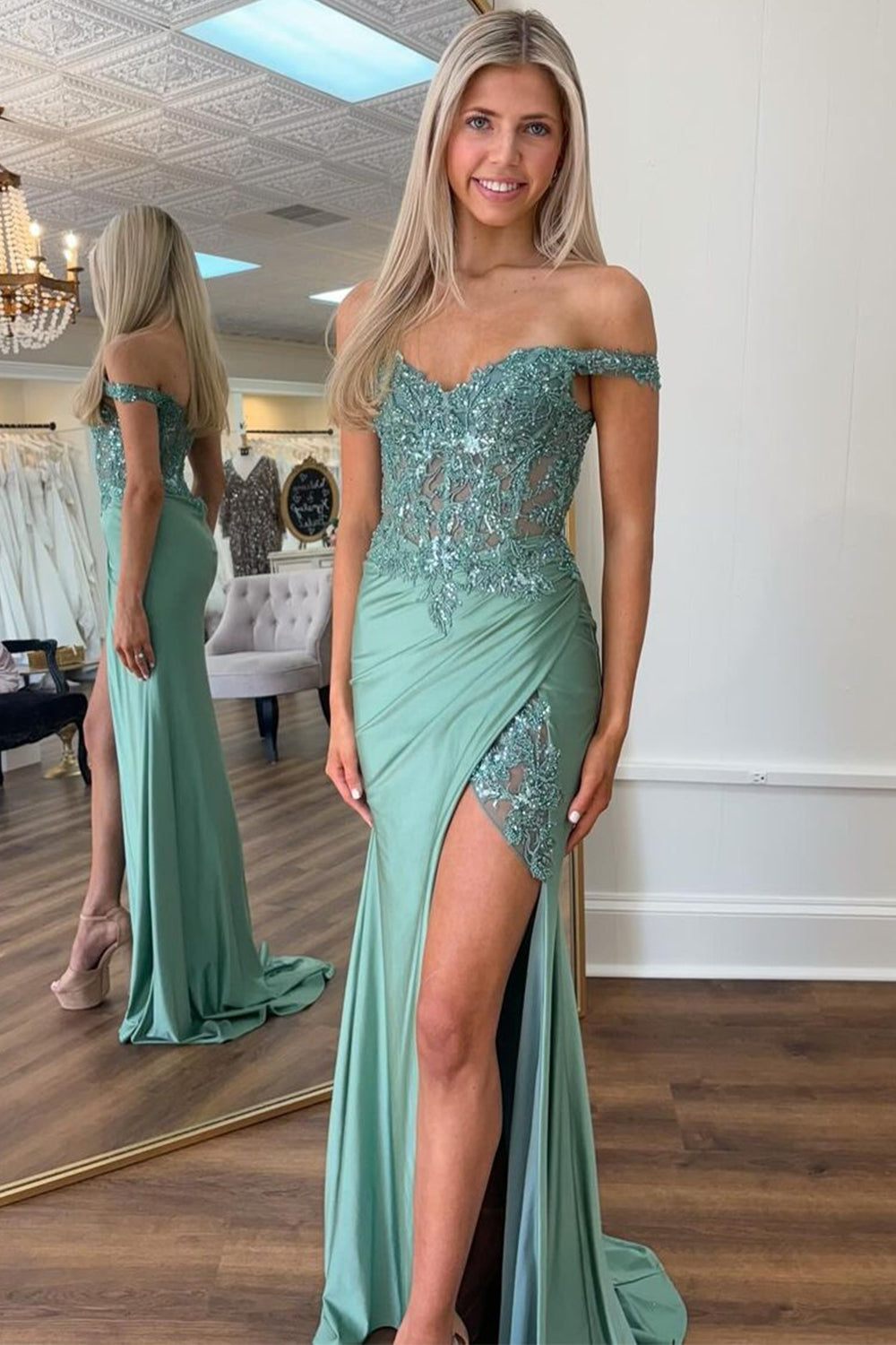 Green Prom Dress Off The Shoulder Mermaid Corset Long Evening Dress with Slit