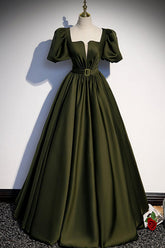 Green Prom Dress Satin A Line Long Formal Party Dress Evening Dress