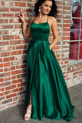 Green Prom Dress Spaghetti Straps Long Evening Dress with Slit