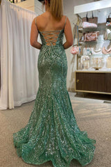 Green Prom Dress Spaghetti Straps Mermaid Sequined Long Evening Dress With Slit