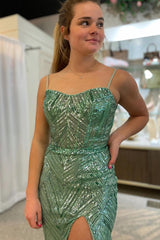 Green Prom Dress Spaghetti Straps Mermaid Sequined Long Evening Dress With Slit