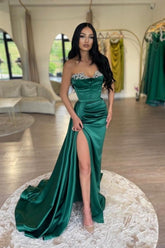 Green Prom Dress Sweetheart A Line Beaded Sleeveless Satin Panel Train Formal Dress With High Slit