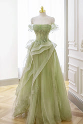 Green Prom Dress Tulle Lace Long Elegant Corset Formal Party Evening Dress