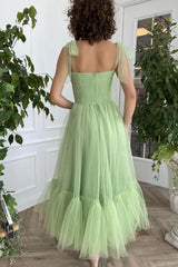 Green Prom Dress Tulle Tea Length Formal Evening Dress