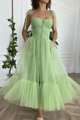 Green Prom Dress Tulle Tea Length Formal Evening Dress
