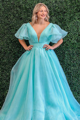 Green Prom Dress V-Neck A Line Ruched Formal Dress With Puff Sleeves