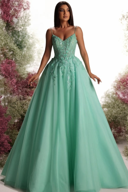 Green Prom Dress V Neck A Line Spaghetti Strap Sleeveless Ball Gown 3D Flowers Tulle Formal Dress