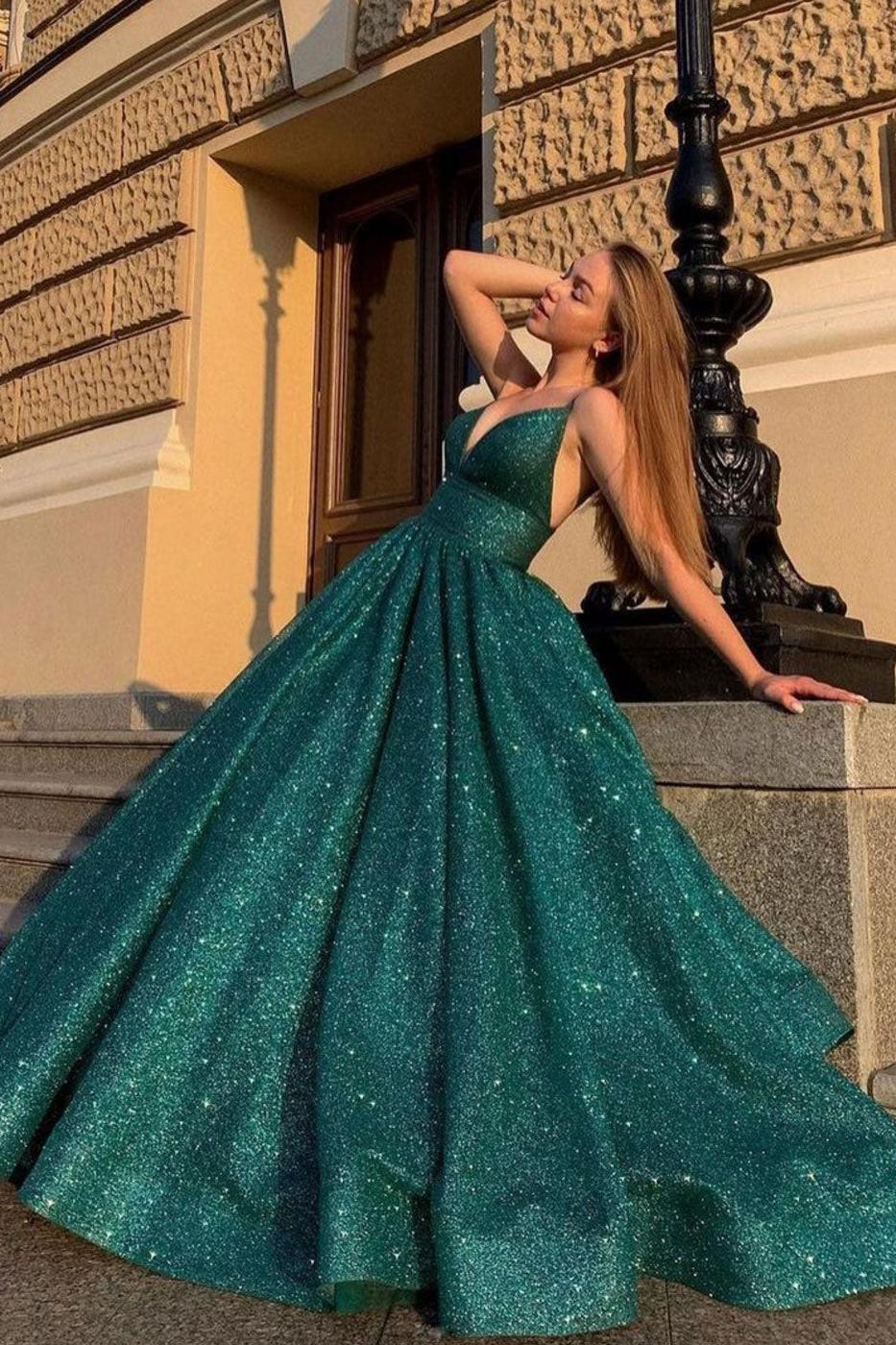 Green Prom Dress V Neck Sequin Long Formal Evening Dress