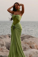 Green Ruched Bodice Mermaid Draped Maxi Prom Dress With Rosette Detail Formal Evening Gown