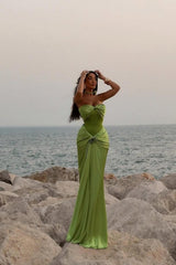 Green Ruched Bodice Mermaid Draped Maxi Prom Dress With Rosette Detail Formal Evening Gown