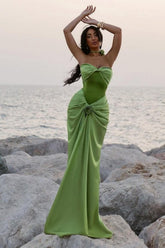 Green Ruched Bodice Mermaid Draped Maxi Prom Dress With Rosette Detail Formal Evening Gown