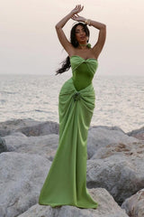 Green Ruched Bodice Mermaid Draped Maxi Prom Dress With Rosette Detail Formal Evening Gown