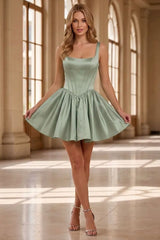 Green Satin A-Line Square Neck Sleeveless Short Homecoming Dress