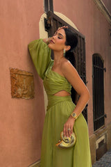 Green Sheath/Column Prom Dress Long Sleeve One Shoulder Formal Dress