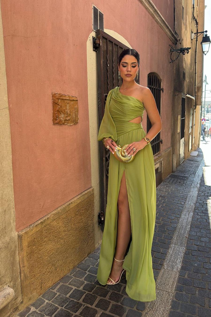 Green Sheath/Column Prom Dress Long Sleeve One Shoulder Formal Dress