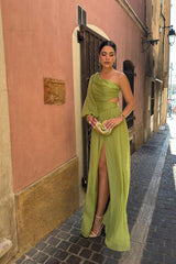 Green Sheath/Column Prom Dress Long Sleeve One Shoulder Formal Dress