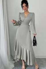 Green Sheath/Column Prom Dress Long Sleeve V Neck Satin Formal Dress