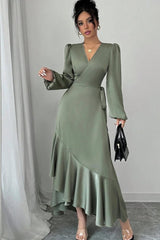 Green Sheath/Column Prom Dress Long Sleeve V Neck Satin Formal Dress