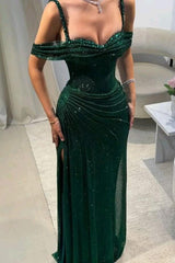 Green Spaghetti Straps Prom Dress Cold Shoulder Sparkly Sheath/Column Formal Dress