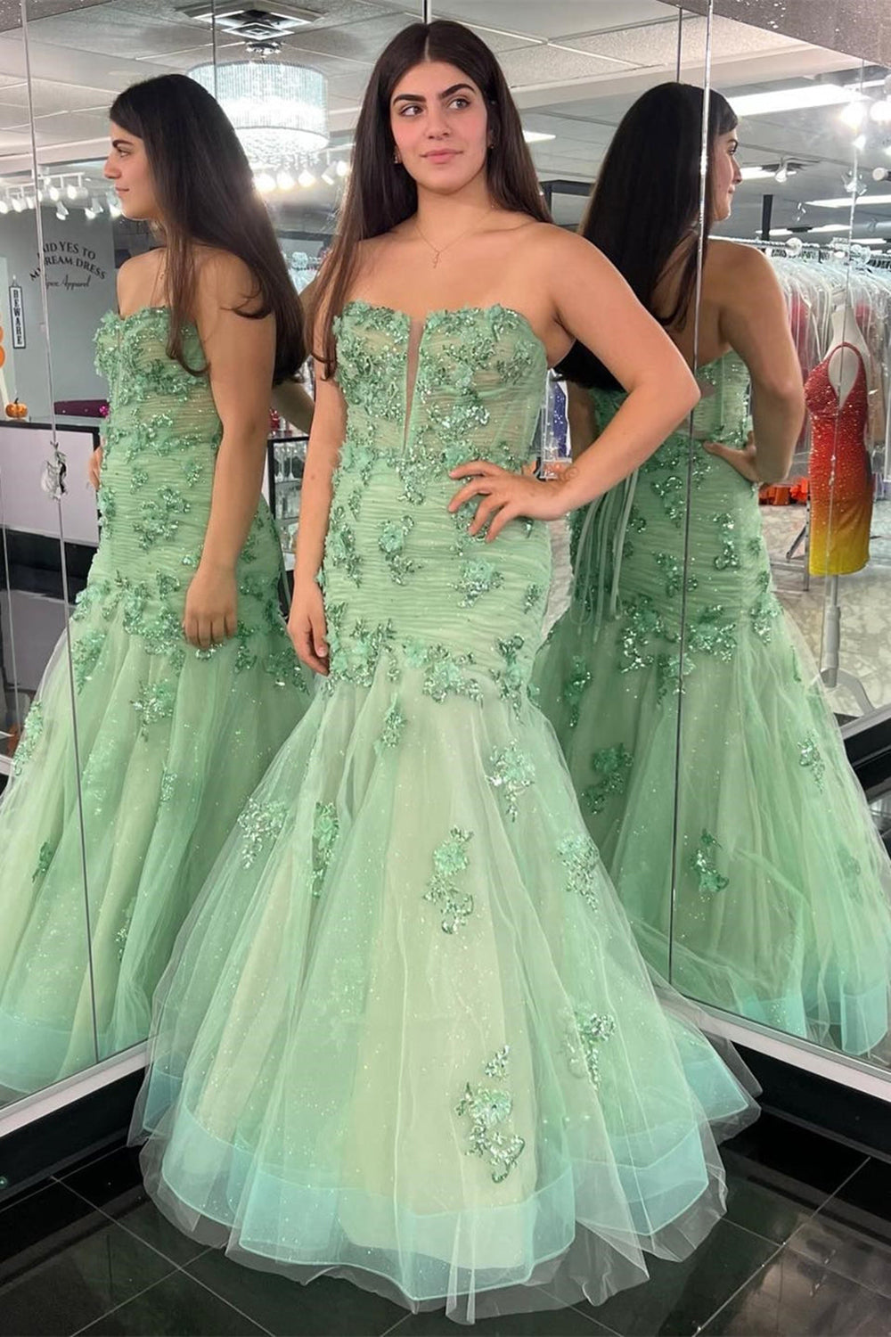 Green Trumpet Sweetheart Long Prom Dress with Appliques