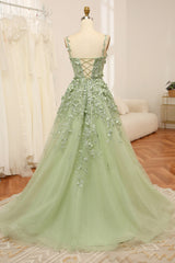 Green Tulle A Line Prom Dress Spaghetti Straps Long Evening Dress With Appliques