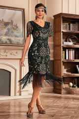 Green V-Neck Batwing Sleeve Fringe 1920s Gatsby Dress