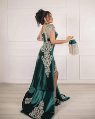 Green Velvet Christmas Party Dress Lace Appliques Slit Formal Dress With Detachable Train