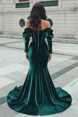Green Velvet Formal Dress Mermaid Long Sleeve Christmas Party Dress with Slit
