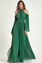 Green Wedding Guest Dress A Line Cold Shoulder Halter Long Formal Dress